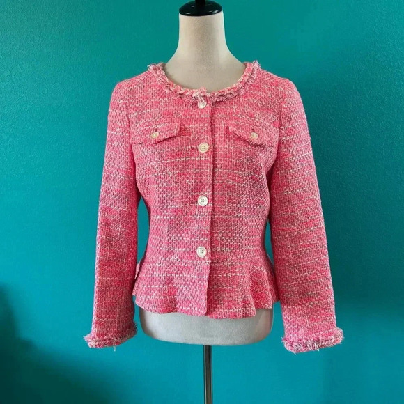 J. CREW Peplum Tweed Jacket Neon Fuchsia Classic Fit Size 4 - Picture 2 of 5